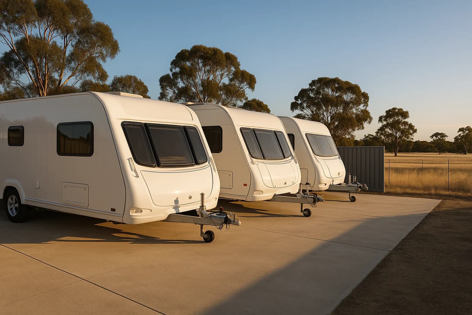 Row of white touring caravans stored side-by-side on a concrete pad at a semi-rural Australian property