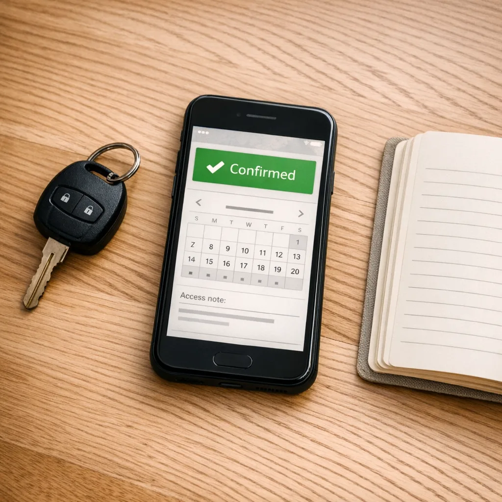 Smartphone showing a confirmed parking booking next to car keys