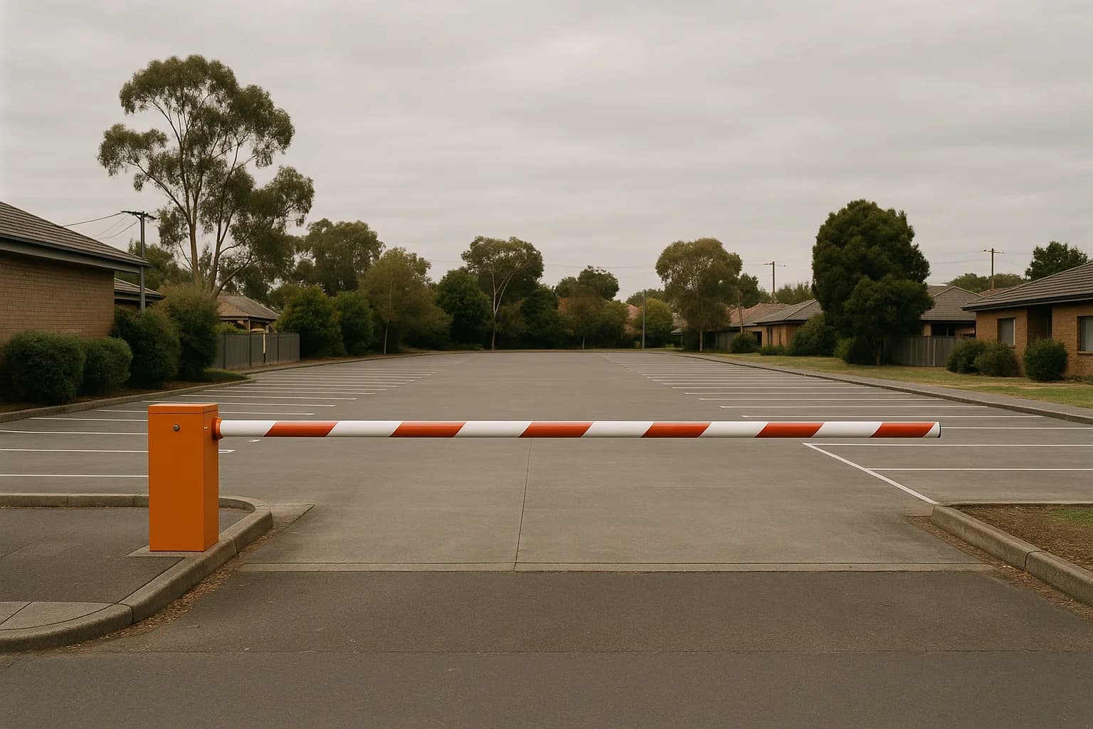 Open-air car park entrance with boom gate in suburban Australia