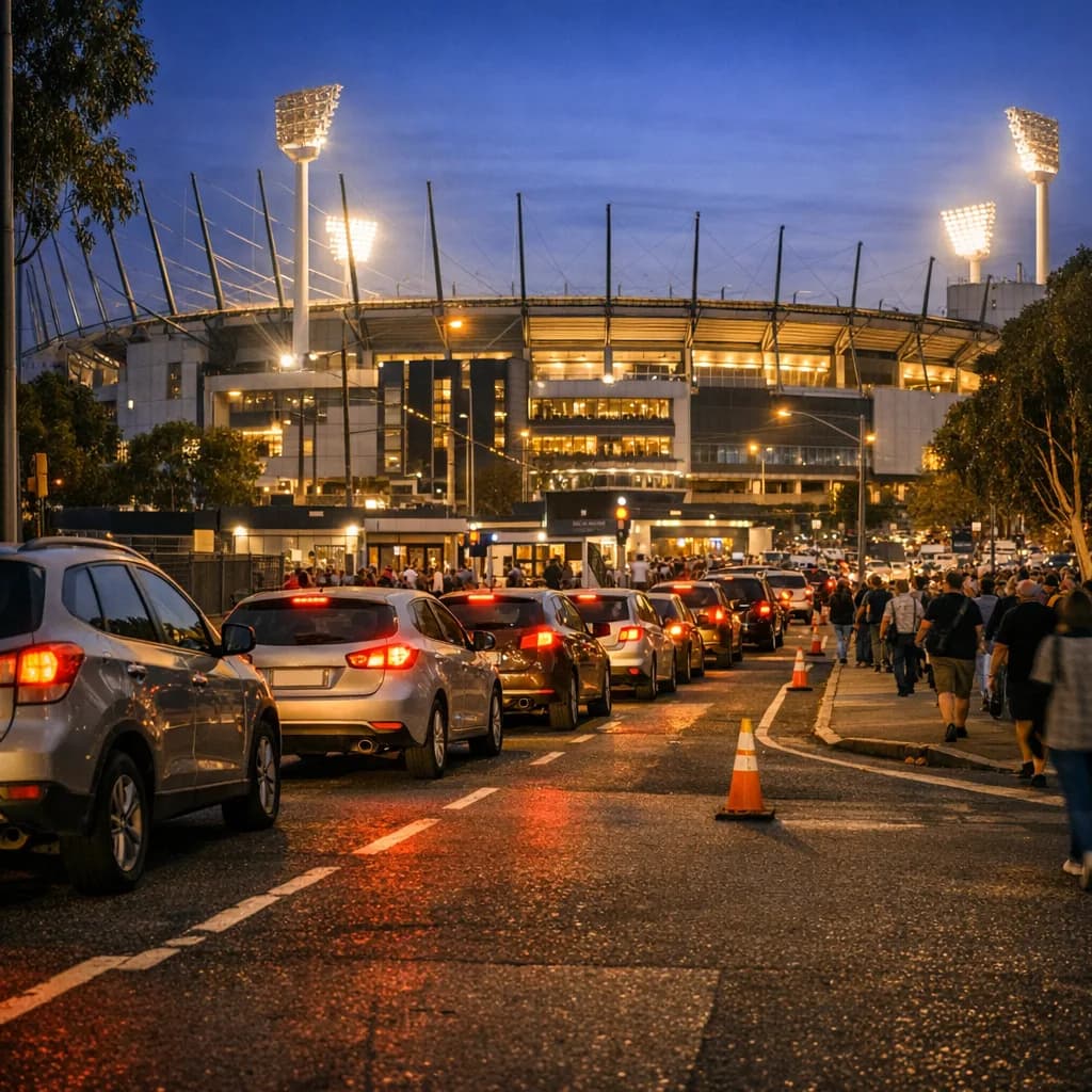 Traffic gridlock outside a Melbourne stadium at night