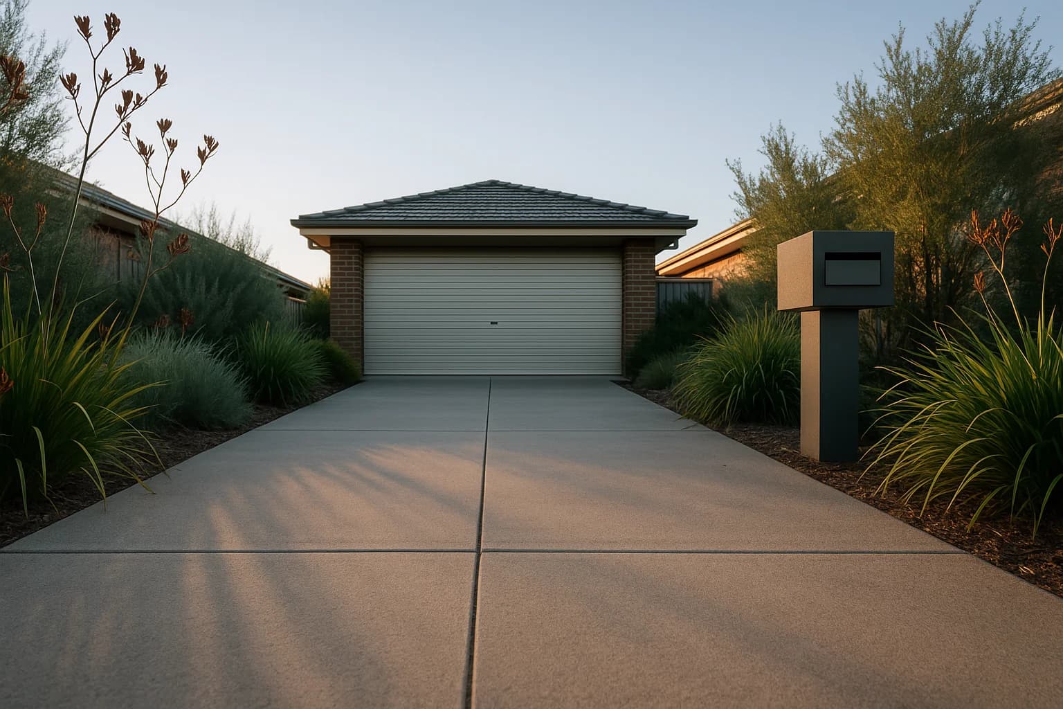 Clean Australian residential driveway in early morning light toward garage door