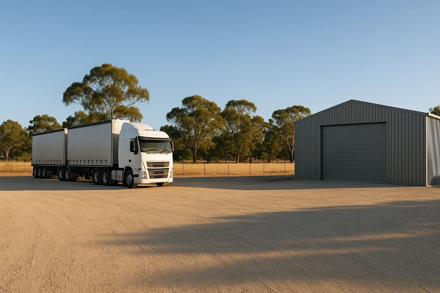 White B-double truck in a wide gravel hardstand yard, Colorbond shed and eucalyptus trees