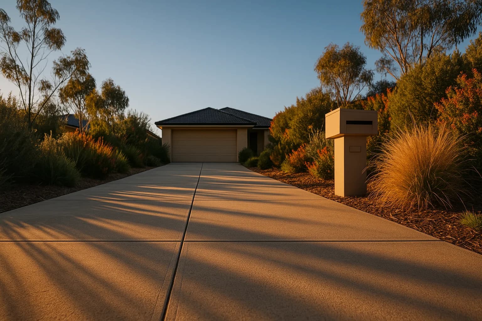 Wide residential driveway in golden afternoon light, open and available